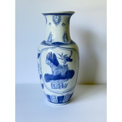 Vintage Blue & White Chinoiserie Vase | 10″ Porcelain Lotus Flower and Bird Vase