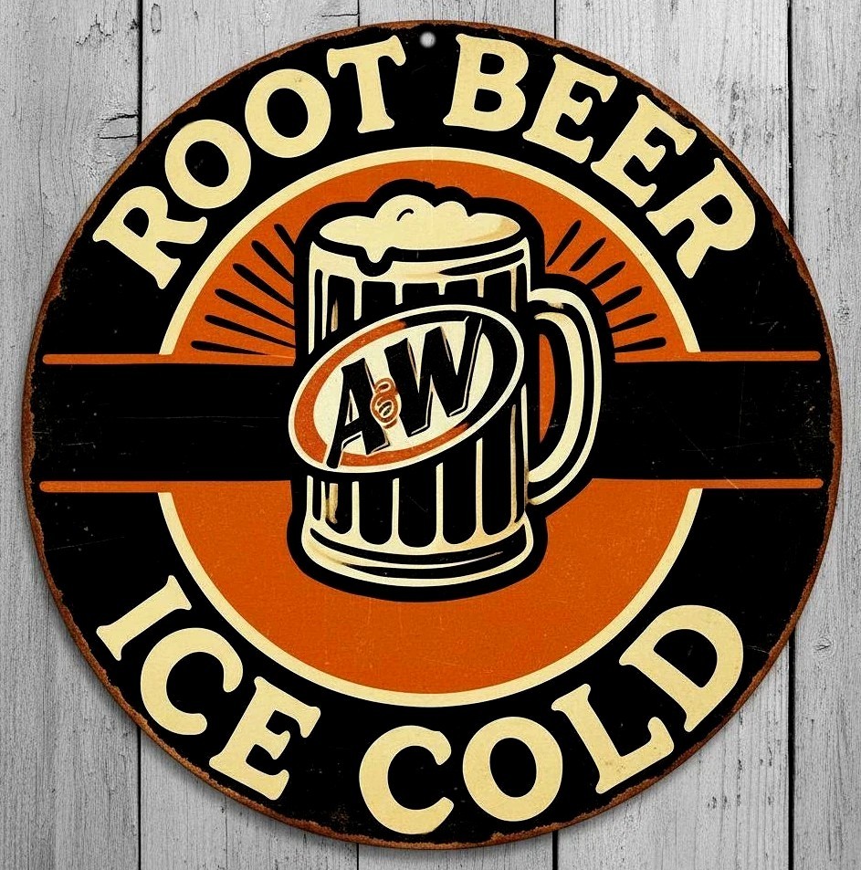 A & W Ice Cold Root Beer 8″ Diameter Vintage Novelty Metal Sign Made In USA New!
