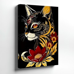 Wall Art Black Cat Floral Painting Gold Red Lotus Decorative Canvas Print Poster