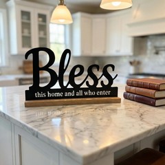 Metal Bless This Home Sign for Tabletop Decor,Black Bless Words Sign with Woo…