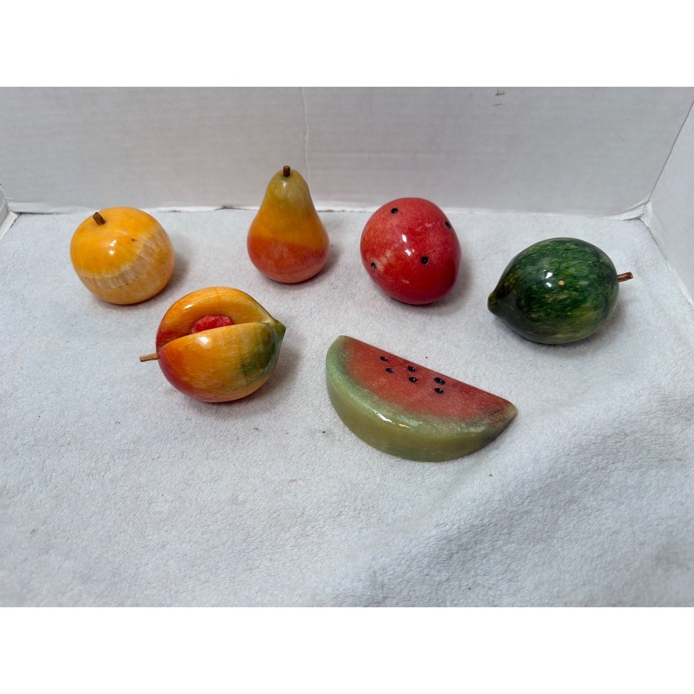 Vintage Decorative Stone Fruit Multicolor Italian Alabaster Marble 6pc Set