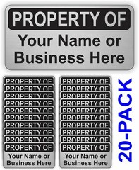 20 pk Custom Printed PROPERTY OF Silver Vinyl Stickers Decals Your Name Business