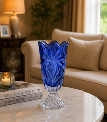 14.5” Blue Bohemian Crystal Footed Vase Flora Czech Glass Centerpiece