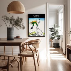 Never Ever Give Up Poster Crane and Frog Motivational Wall Art Office Decor Gift