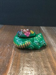 Mexican Folk Art Hand Painted green floral Glazed Ceramic Clay Cat trinket box