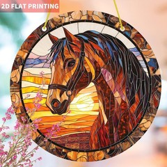 Brown Horse Sunset Landscape Acrylic Suncatcher Equestrian Window Hanging Decor