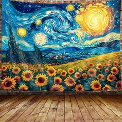 Sunflower Starry Night Art Tapestry Aesthetic, Vintage Fantasy Nature Oil Pai…