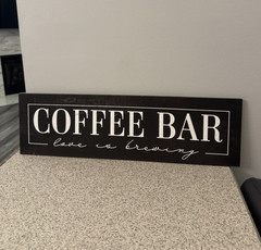 Coffee Bar «Love Is Brewing» Decorative Wood Wall Sign, Black/White Farmhouse