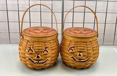 2001 Longaberger Pumpkin Patch Basket (2) Jack-O-Lantern W/ Lid Halloween Fall