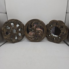 Set of 3 Ornate Round Framed Mirror Wall Decor Brown Distressed Heavy Resin 6 In