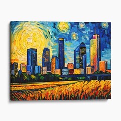 Houston Texas Skyline Van Gogh Starry Night Retro City Canvas Wall Art Print