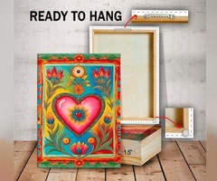 Sacred Heart Mexican Folk Art Canvas Print, Colorful Milagro Style Floral Decor