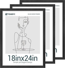 18×24 Poster Frames Set of 3 – Black Solid Wood Picture Frames with Woodgrain
