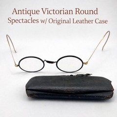 Victorian Wire Spectacles Antique Round Gold Tone Frame Leather Case