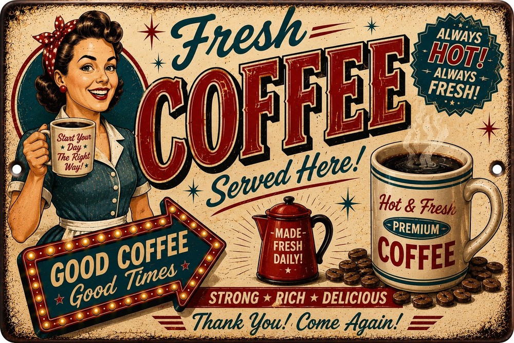 Retro Coffee Tin Sign Fresh Coffee Served Here Diner Kitchen Cafe Wall Decor
