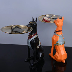 Decorative Doberman Butler Statue with Tray, Black Resin Dog Figurine, 11.6 x 5.