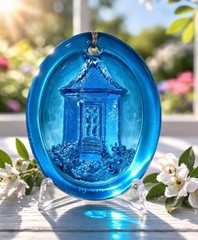 Vtg Blue Pressed Glass Cottage Sun Catcher Oval Hanging Ornament 3.25″X2.5″