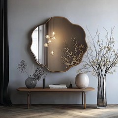 Scalloped Gold Frame Wall Mirror, Luxury Asymmetrical Vanity Mirror