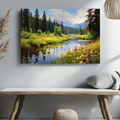 Forest Stream Harmony Canvas Serene Nature Scene With Wildflowers, Pines & Wall