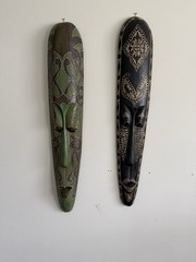 Pair of African Decorative Wooden Wall Masks, Green Black Brown Beige, 42 Inch
