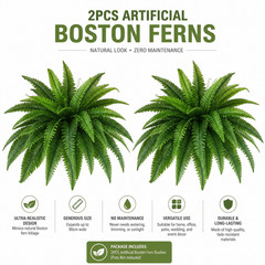 2X Fake Ferns Faux Boston Ferns 24″ Artificial Plants 60 Leaves for Each Bouquet