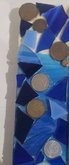 Handcrafted Blue Glass Mosaic Mirror Wood Frame Inlaid With Rare Coins & Emblems
