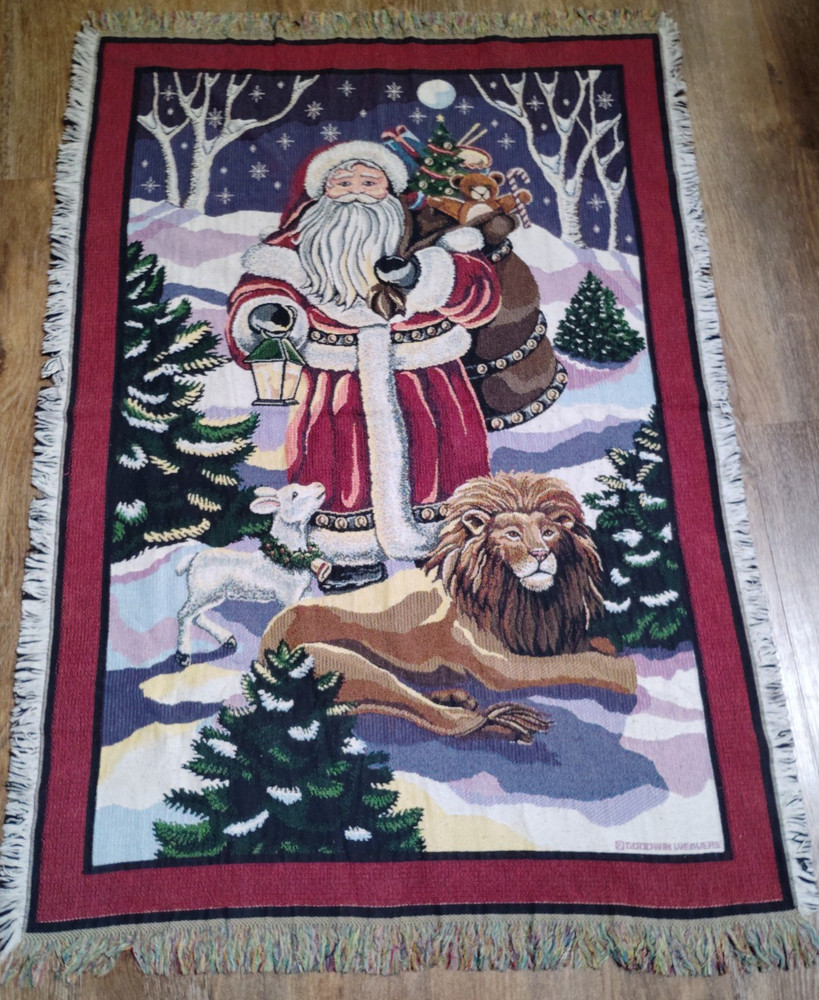 Vintage Goodwin Weavers Tapestry Fringe Throw 45 x 64 in Santa Lamb Lion USA