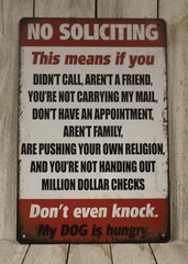 No Soliciting Solicitations Sign Tin Warning Rustic Vintage Style Go Away