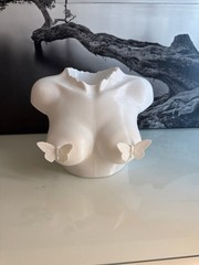 White 3d printed Torso Art Vase with Butterfly Accents, Modern Abstract Decor