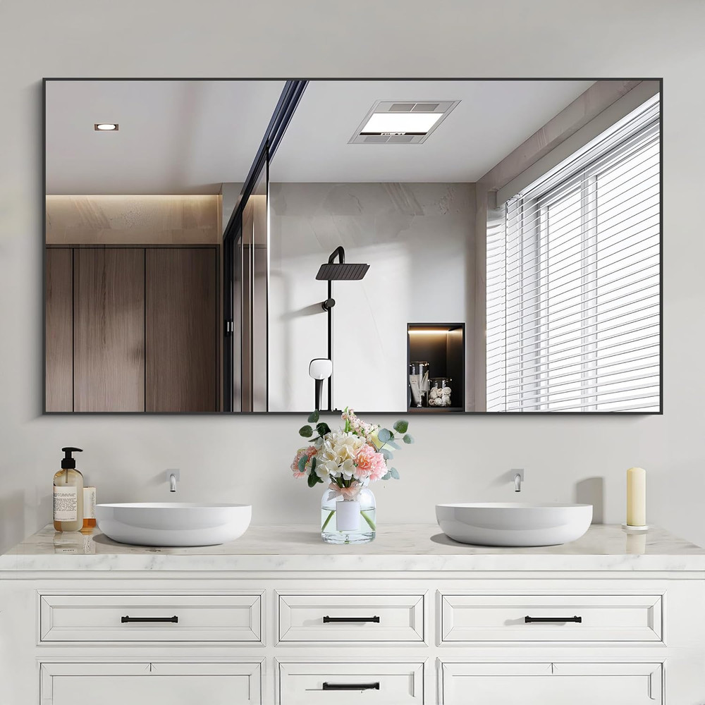 Modern Black Rectangle Wall Mirror, 30×50 Inch Metal Frame for Bathroom & Living