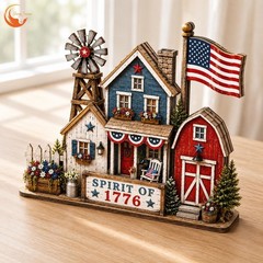 Rustic Americana Patriotic Village Figurine for Farmhouse 4th of July Decor