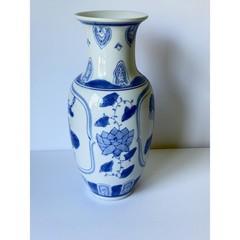 Vintage Blue & White Chinoiserie Vase | 10″ Porcelain Lotus Flower and Bird Vase