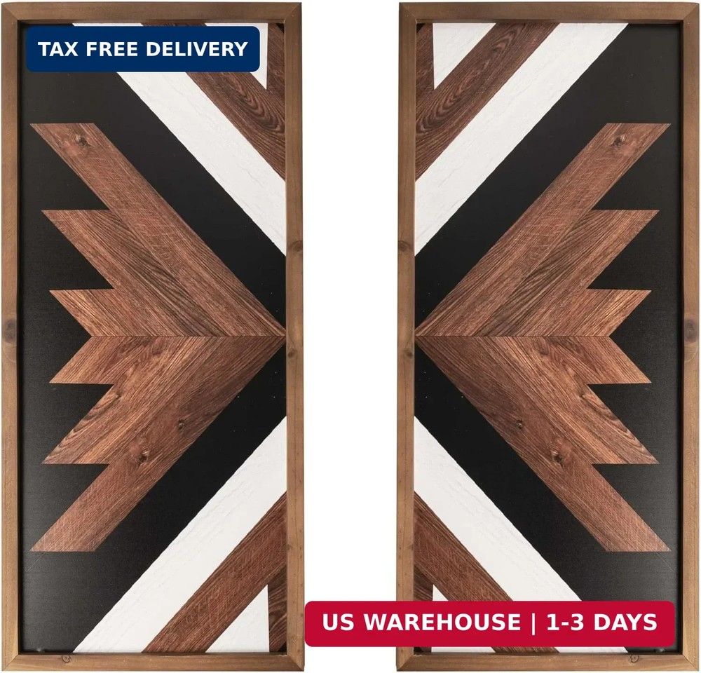 Set of 2 Aztec Wall Decor Wooden Framed, 20.9″x9.8″ Western Wall Art, Black Whit