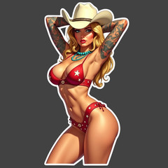 Cowgirl Pinup Girl Sticker Vinyl Decal Western Rodeo Tattoo Bikini Blonde