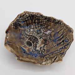 Handmade Studio Pottery Trinket Dish Brown Blue Aspire Script Organic Art Bowl