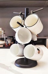 Black Coffee Mug Holder, Non-Slip Cup Tree With 6 Hooks for Counter, Rack