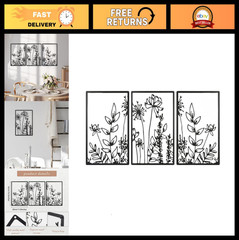 Metal Boho Flower Wall Decor – 3 Pcs Minimalist Hanging Art for Home, 16.5×11.8