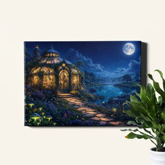 Enchanted Conservatory Cottage Moonlit Pond Framed Canvas Decor 24x16inch