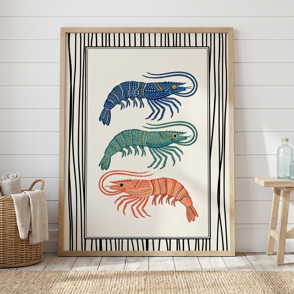 Japanese Shrimp Poster Folk Art Colorful Sea Life Kitchen Wall Decor Print