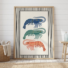 Japanese Shrimp Poster Folk Art Colorful Sea Life Kitchen Wall Decor Print