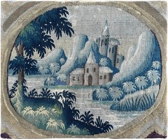 18th Century Flemish Wool Silk Tapestry 1x2ft Landscape Fragment Framed 30×61 cm
