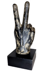 11 inch Hand Peace Symbol Distressed Resin Sculpture on Wooden Base