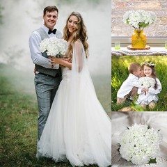 EZFLOWERY 5 Pcs Artificial Silk Hydrangea Flowers 18» Bouquet Arrangement White