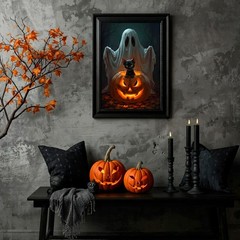 Black Cat and Pumpkin Ghost – Halloween Digital Wall Art | (DIGITAL DOWNLOAD)