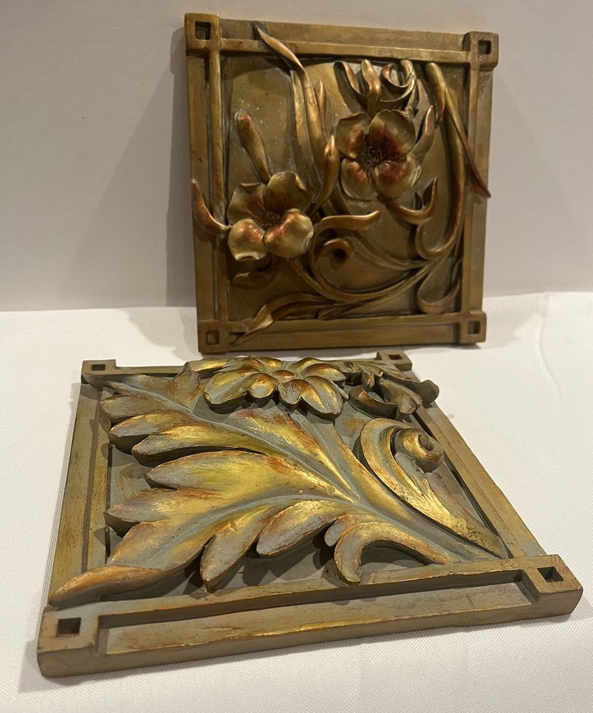 Two Ornate Antiqued Gold Toned Wall Decorations Floral Square Art Nouveau Style
