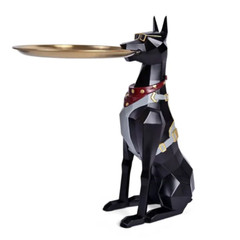 Decorative Doberman Butler Statue with Tray, Black Resin Dog Figurine, 11.6 x 5.