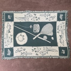 Vintage Tapestry Fringe Throw Blanket Fish Green White Bass Trout 1990 MWW