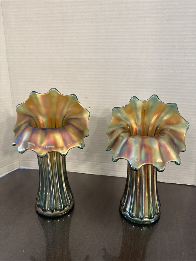 Gorgeous Antique Westmoreland Iridescent Carnival Glass Vase Corinth Teal Green