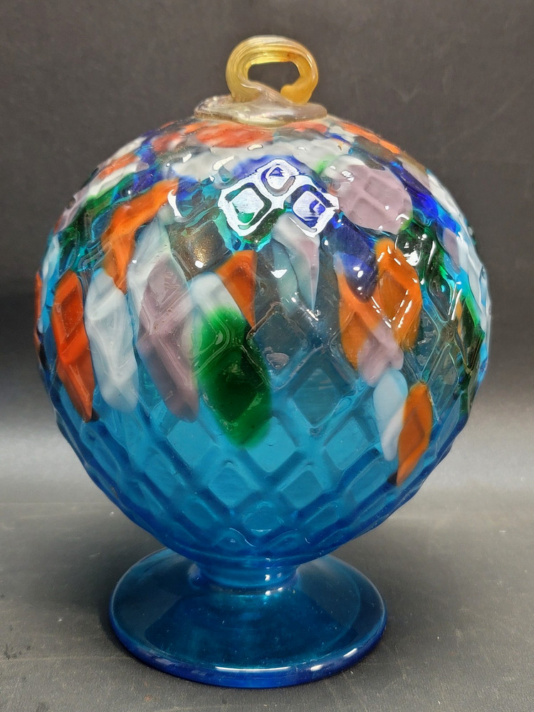 Art Glass Ball Handblown Light Catcher Multi Color Pedestal Foot Lawn Ornament