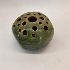 Vintage Studio Pottery Green Glazed Ceramic Flower Frog Multi Hole Bud Vase